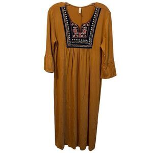 URBAN FLAMINGO Large mustard yellow dress with embroidery detail 3/4 bell sleeve